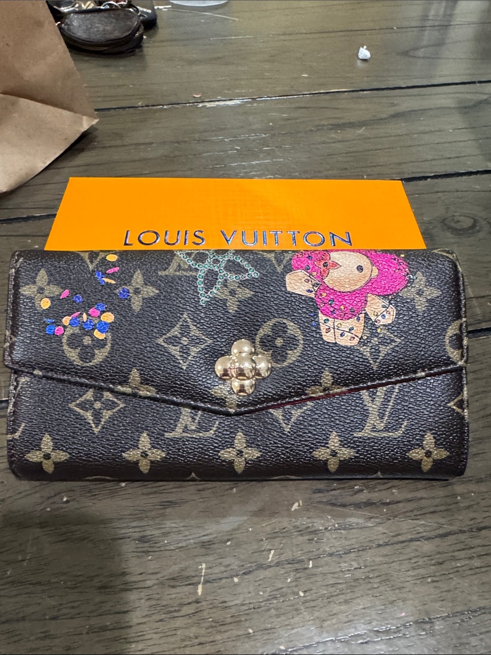 Brown Monogram Floral Accent Long Wallet with Gold-Tone Clasp